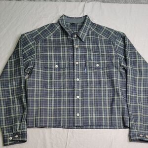 Montbell Plaid Button Up Shirt Cropped Women's Green Blue Tartan Plaid Wool